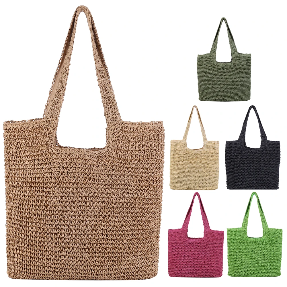 Bolsas tecidas à mão para mulheres, corda de papel, bolsas casuais de grande capacidade, bolsa de viagem artesanal, simples, casual, moda, verão