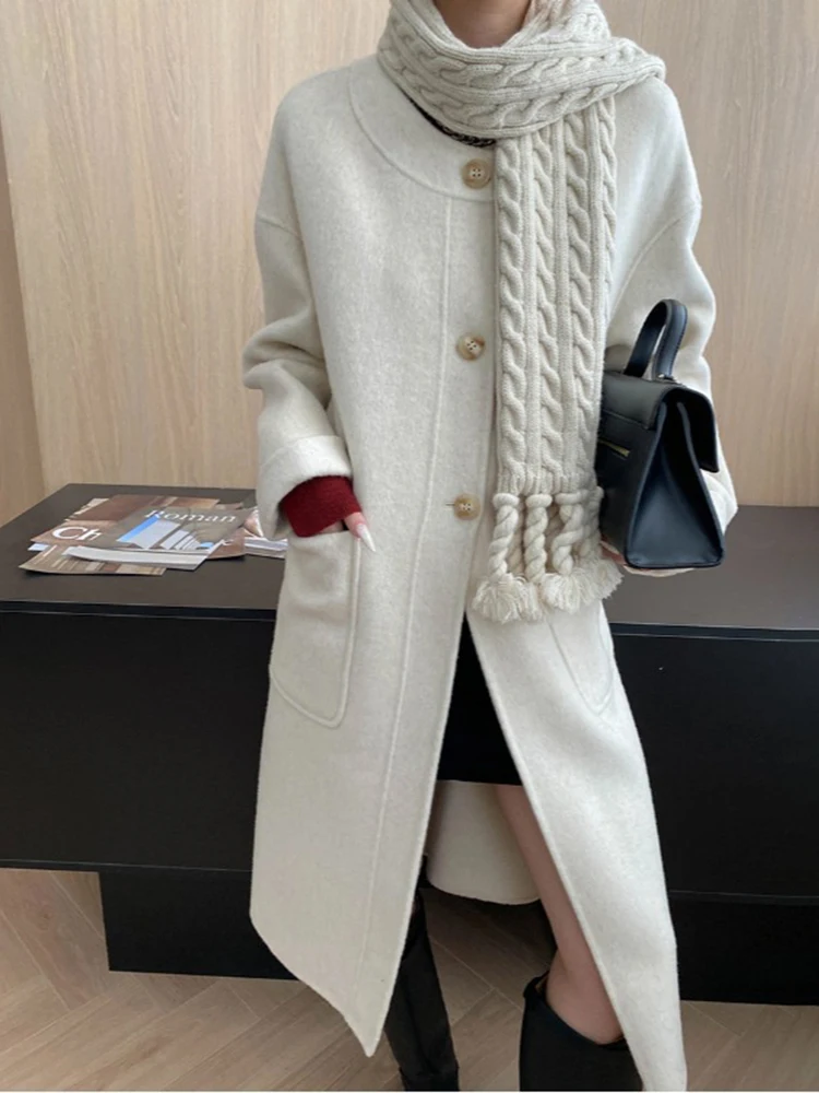 FANAN 럭셔리 니트 스카프 칼라 디자인 울 코트 여성용 싱글 브레스티드 두꺼운 따뜻한 외투 오피스 레이디 의류 겨울 신상