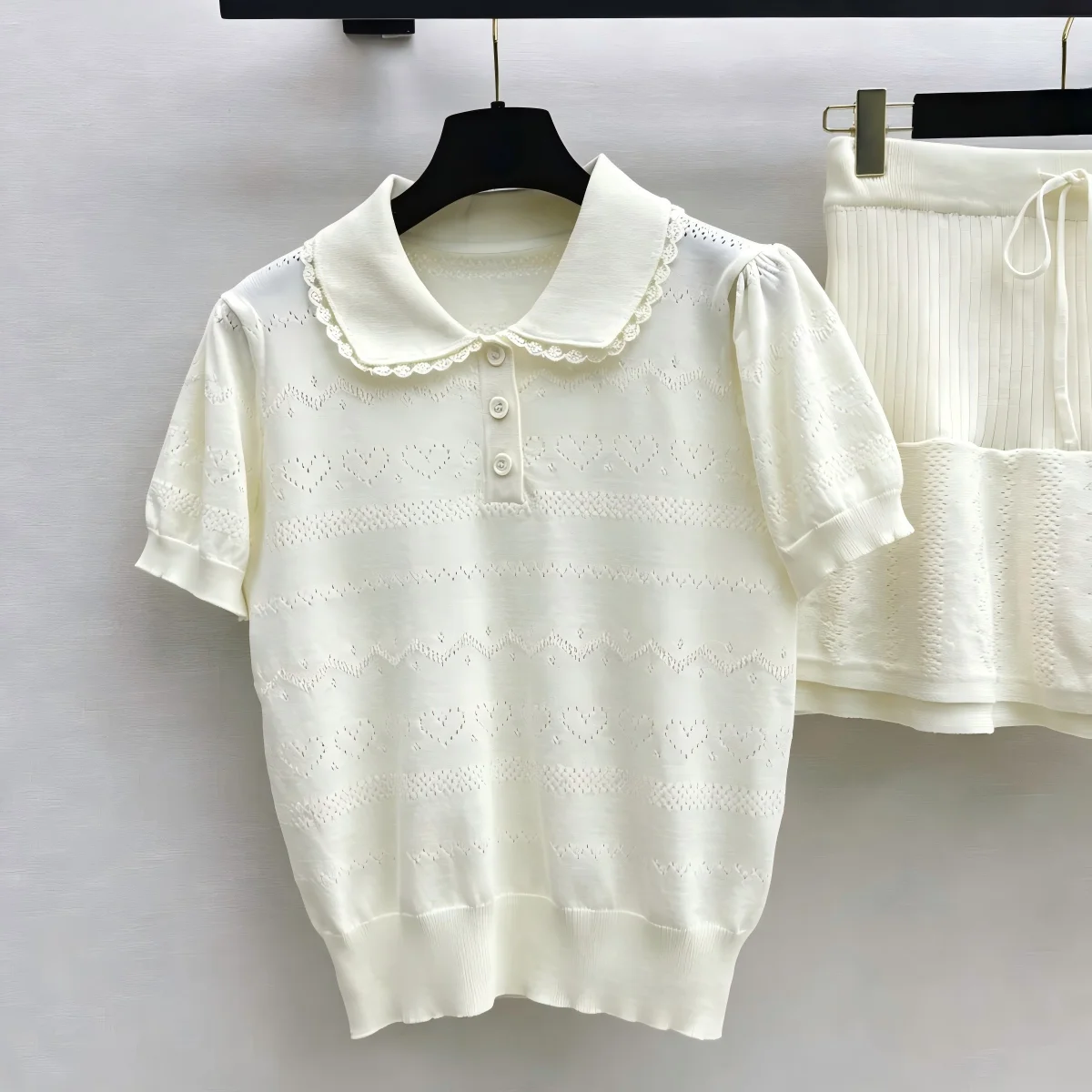 2026 High Quality Women's Small, High Waist, Skinny Look, Hollow Heart Knitted Two Piece Set--hb725