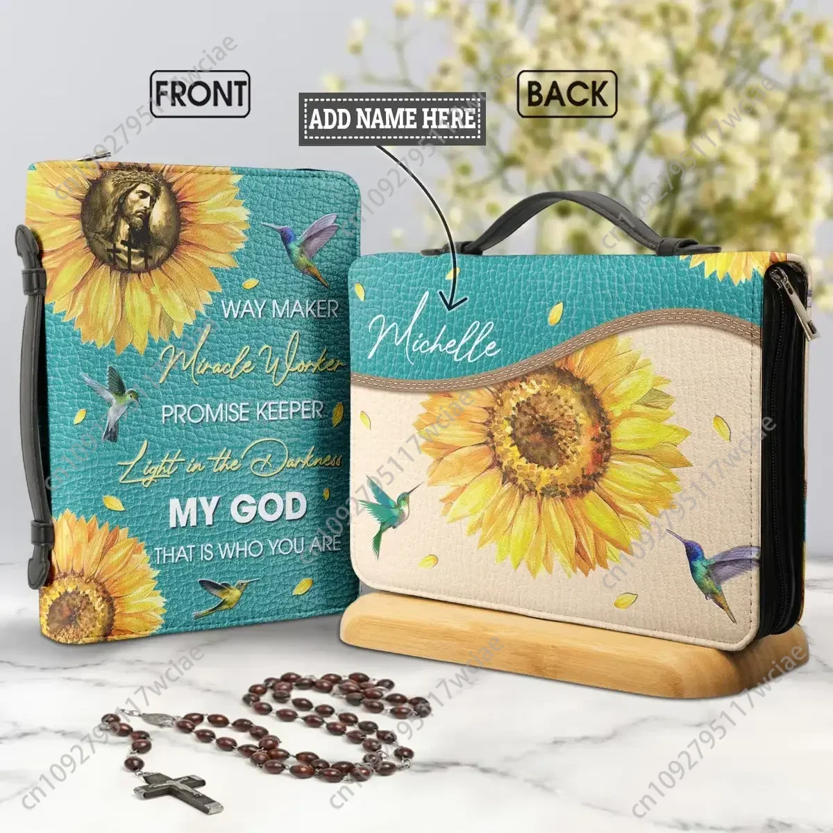 

Sunflower Bird Jesus Bible Hymns Print Leather Handbag Zipper Handle Bible Carrying Case Customized Study Book Holy Storage Box
