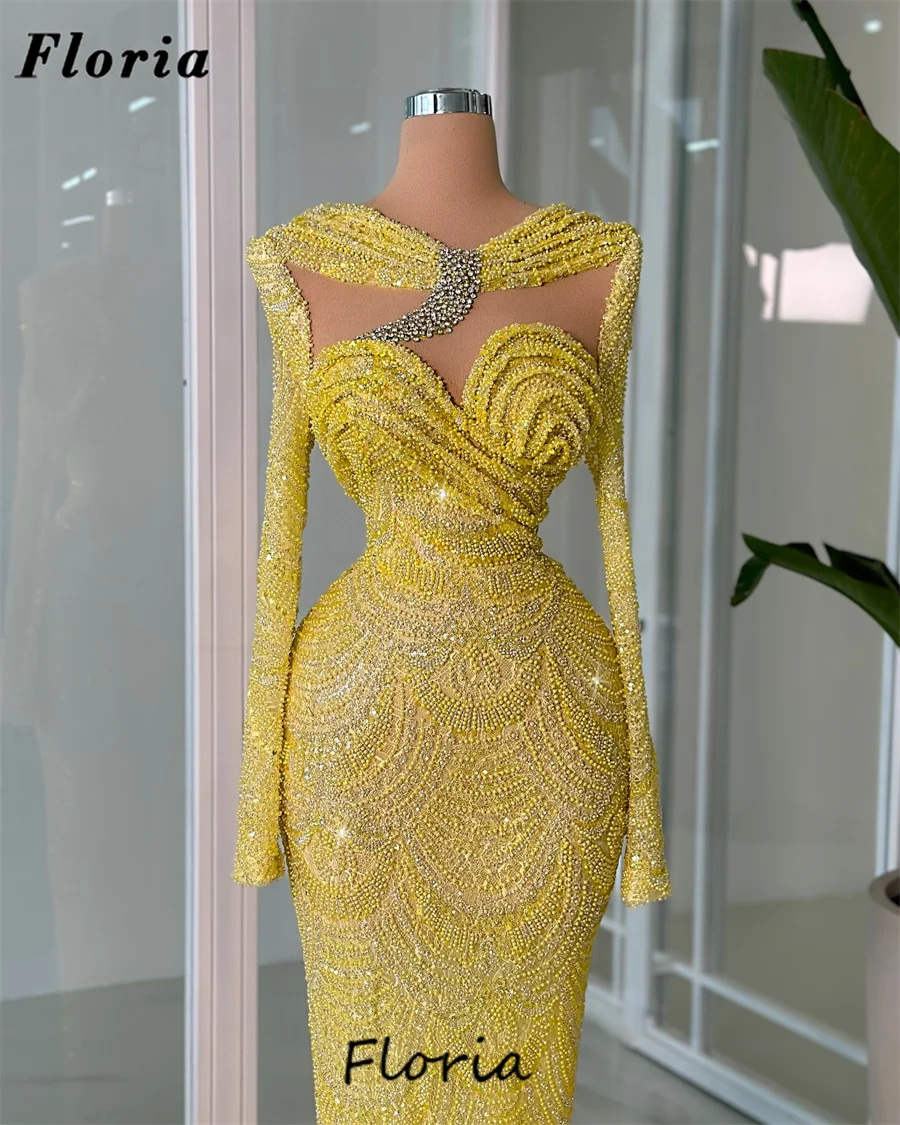 

Elegant Yellow Mermaid Prom Dresses Robes De Soiree Turkish Dubai Women Evening Dress Arabic Dubai Beaded Wedding Party Gowns