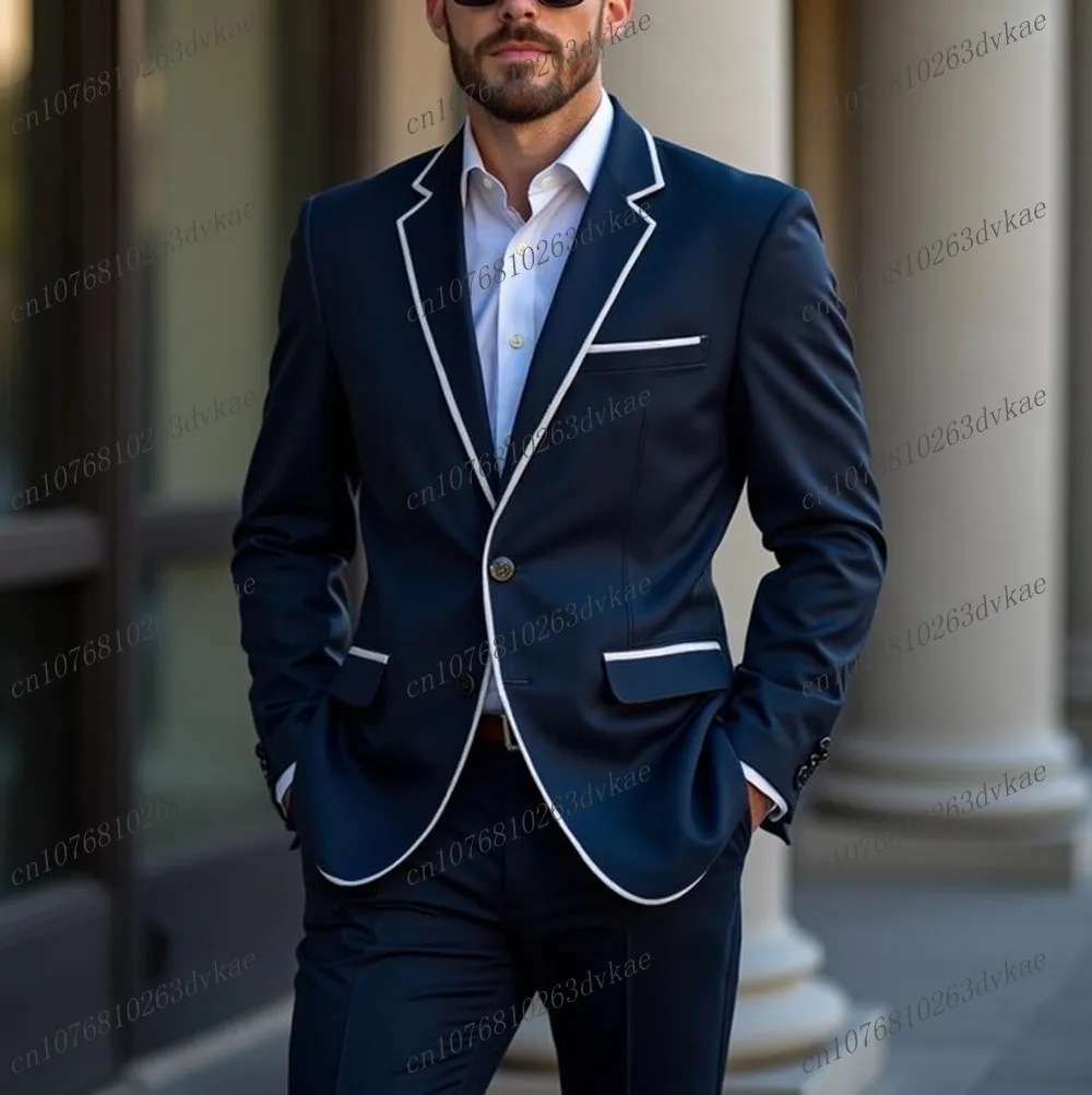 

New Navy Blue And White Men Suit Groom Groomsman Wedding Party Prom Business Formal Male Tuxedos 2 Piece Set Blazer Pants