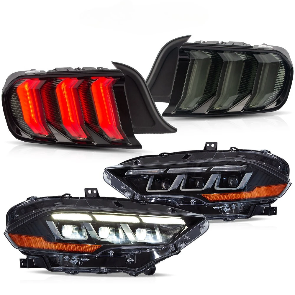 Для 18-21 Ford Mustang светодиодные фары проектора + 5 моделей дымовых задних фонарей, всепогодных фонарей и улучшающих безопасности вашего автомобиля Для 18-21 Ford Mustang светодиодные фары проектора + 5 моделей дымовых задних фонарей, всепогодных фонарей и улучшающих безопасности вашего автомобиля