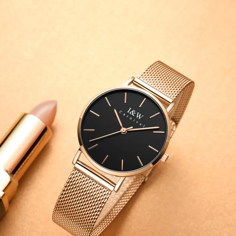 Rose Gold Silver Watch for Women CARNIVAL Brand Luxury Woman Quartz Watch Ladies Fashion Waterproof Ultra Thin 2025 Reloj Mujer