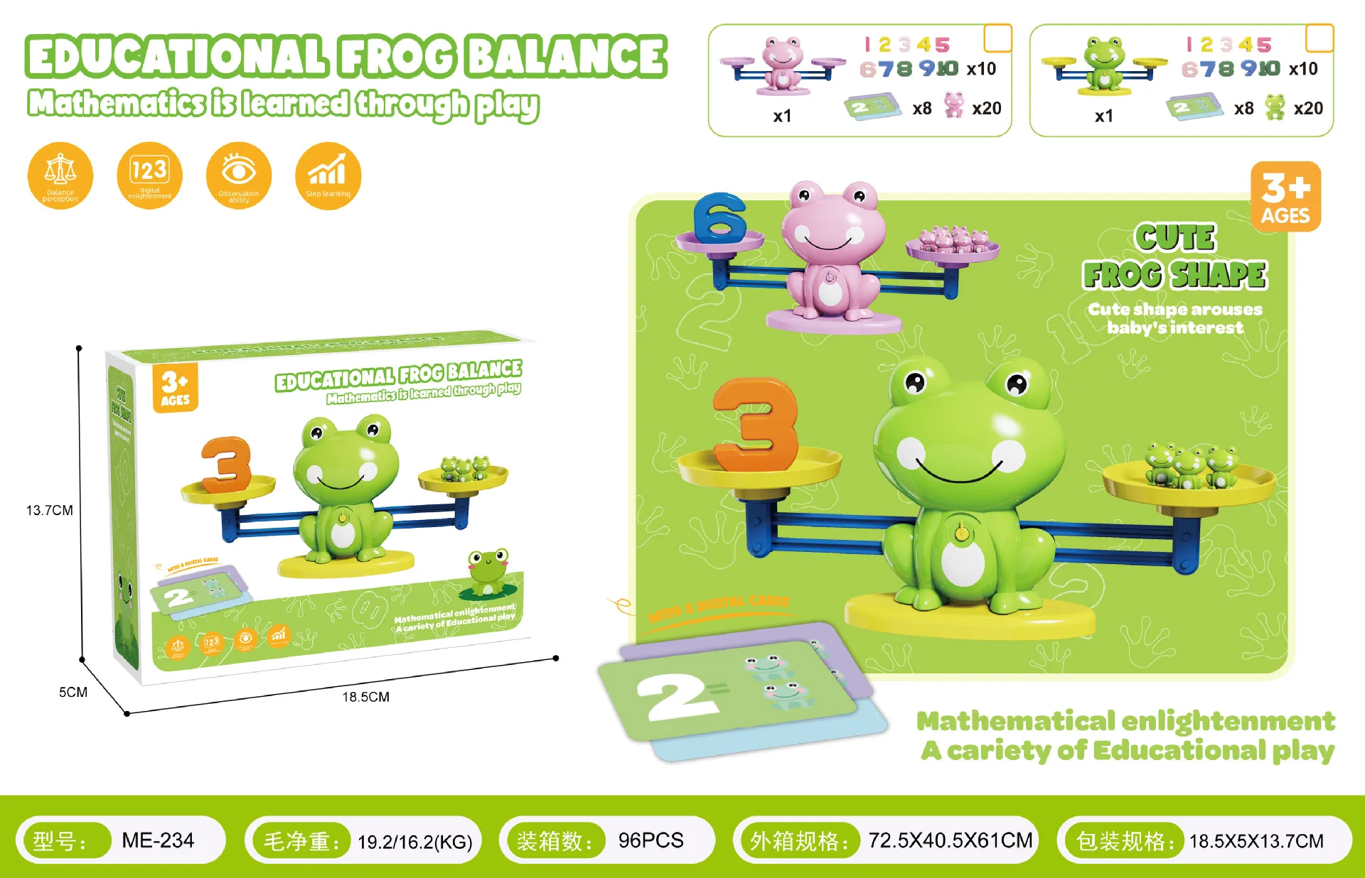Juguete de equilibrio de matemáticas de rana, aprendizaje de tallo para niños pequeños, juego educativo de conteo con números, Kit de desarrollo cognitivo, 3-5
