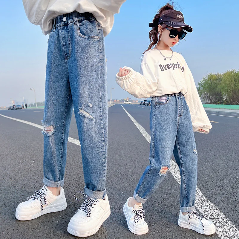 

2023 autumn winter Teenager Girls Jeans Children Broken Hole Pants Kids Denim Trousers boot cut stretch trend 6 8 10 12 14 Years