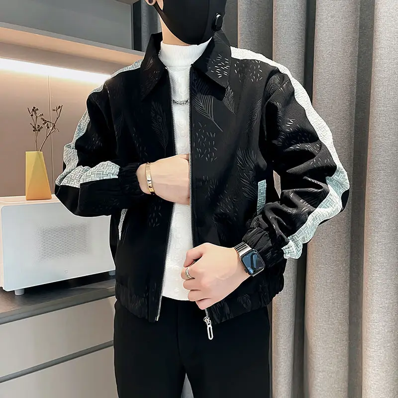 Trendy Men's Autumn and Winter 2024 New Spliced Turn-down Collar Zipper Pocket Fashion Solid Loose Casual Long Sleeve Jackets