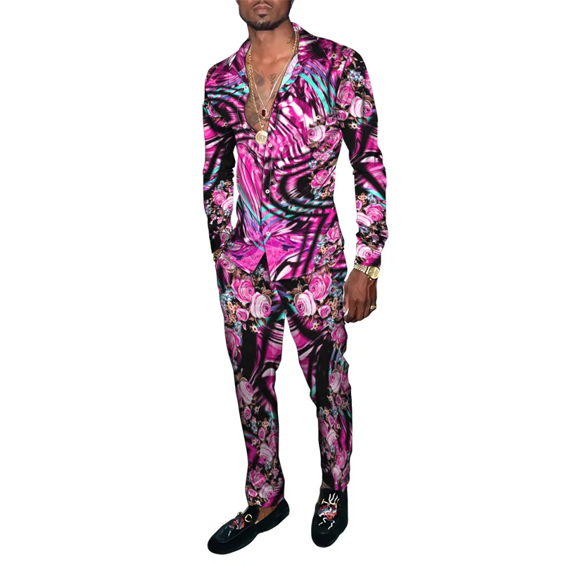

Модная мужская одежда в стиле Харадзюку с леопардовым цветочным 3D принтом, спортивный костюм, рубашка с длинными рукавами, длинные брюки, комплекты из двух предметов, одежда
