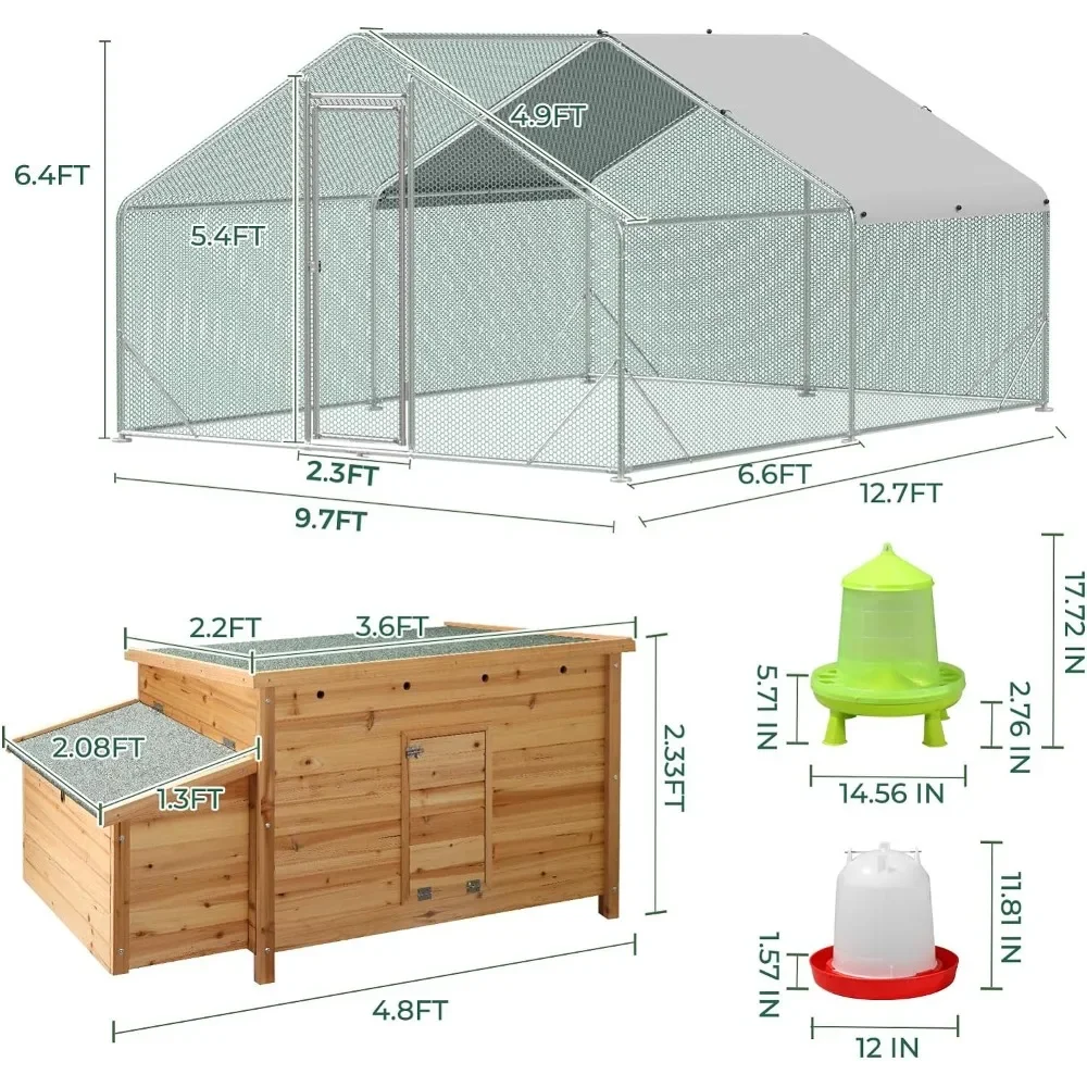 10x13FT Metal Chicken Coop with Hen House & Feed Bucket, Walk-in Poultry Cage Chicken Runs with Roof Cover for Yard,Chicken Pens