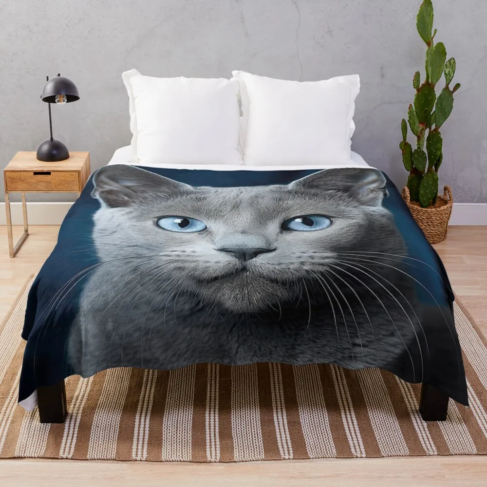 Gray Cat with Blue Eyes Throw Blanket Luxury Throw Multi-Purpose Blankets
