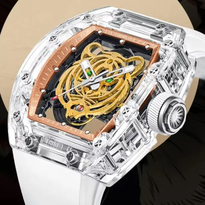 CRONUSART Men Automatic Watch 50mm Tonneau Mechanical Wristwatch Acrylic Case K9 Mirror Luminous Skeleton Tiger Dial FKM Strap