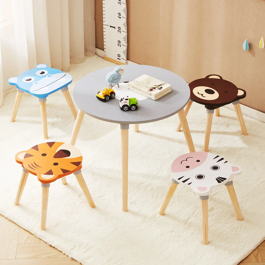Modern Bedroom Kids Wooden Animal Table Chair Set 4 Seats Includes Puppy Kitten Bunny Stool Eco-friendly Safety