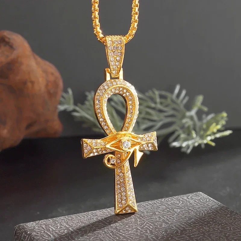 Iced Out Ancient Egyptian God Eye of Horus Ankh Cross Pendant Necklace Chain Men's and Women's Protection Amulet Jewelry Gift