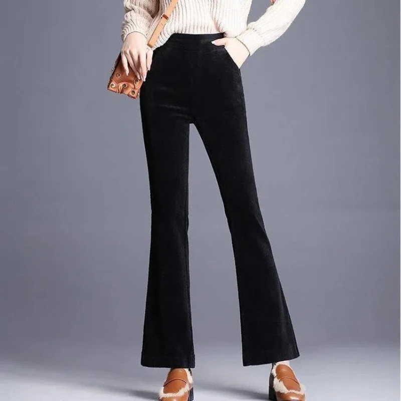 Simplicity Fashion Autumn Winter Corduroy Flare Pants Women Solid Pocket Elastic High Waist Plus Velvet Straight Casual Trousers