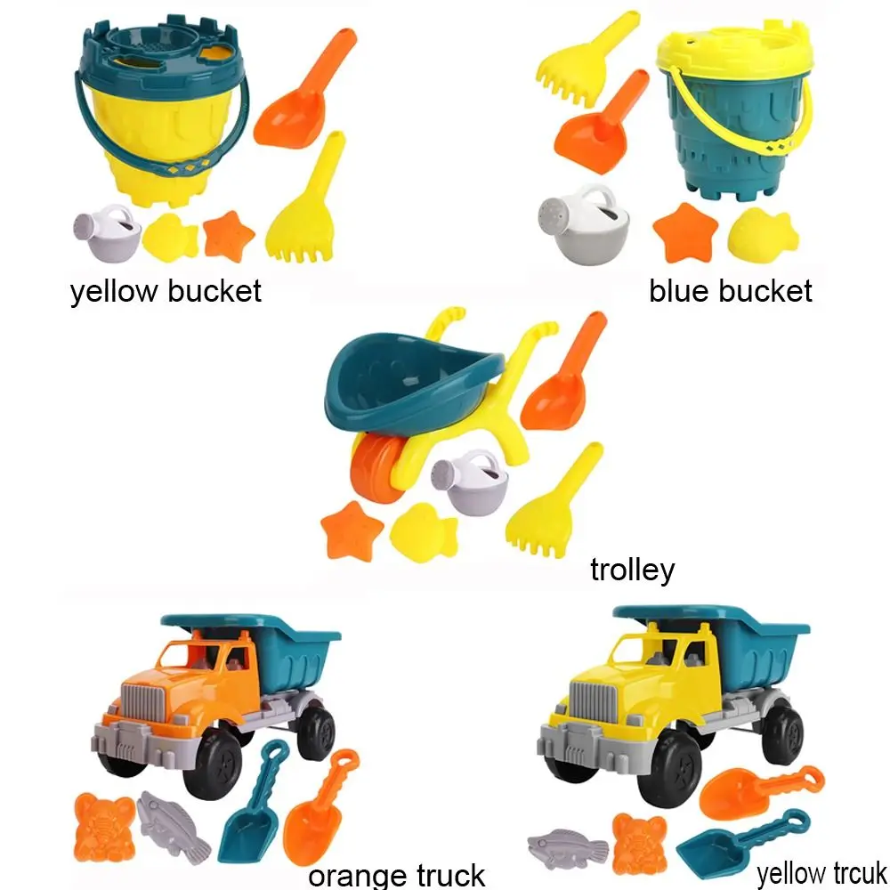Set da 5/6 Pezzi per Gioco sulla Sabbia, Kit da Scavo con Pala, Rastrello, Stampi, Camion, Carrello, Secchiello per Castello sulla Spiaggia