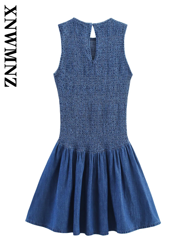 Xnwmnz 2025 verão mulher simples moda sem mangas o-gola em camadas mini vestidos casuais chique senhora azul emenda vestido plissado