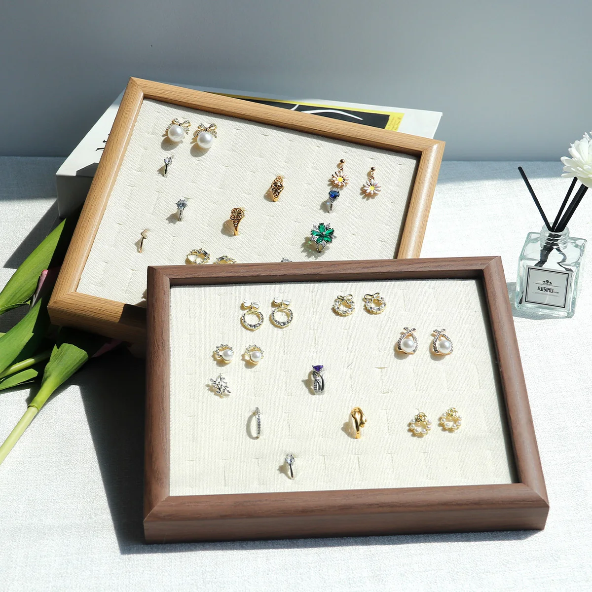 

50-слотовая витрина для колец, серьги-гвоздики, браслет, коробка для хранения ювелирных изделий, деревянная коробка-органайзер, лоток для колец