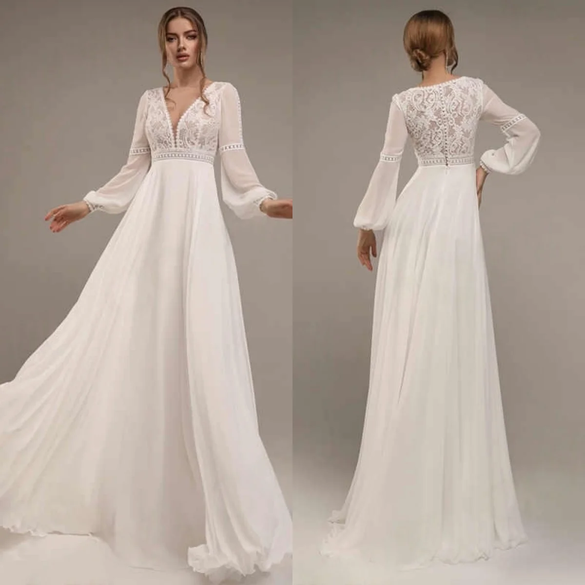 Vestido De Novia De manga larga con cuello en V De gasa blanca personalizado, vestidos De Novia De temperamento suave bohemio, Vestido De Novia De encaje, tren De barrido