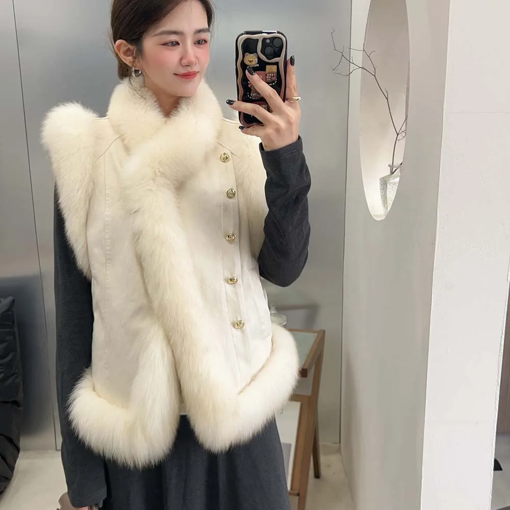 2025 المرأة الشتاء الثعلب الفراء سترة الحلو فروي جاكيت بلا إكمام صدرية أوزة أسفل بطانة الداخلية سترة