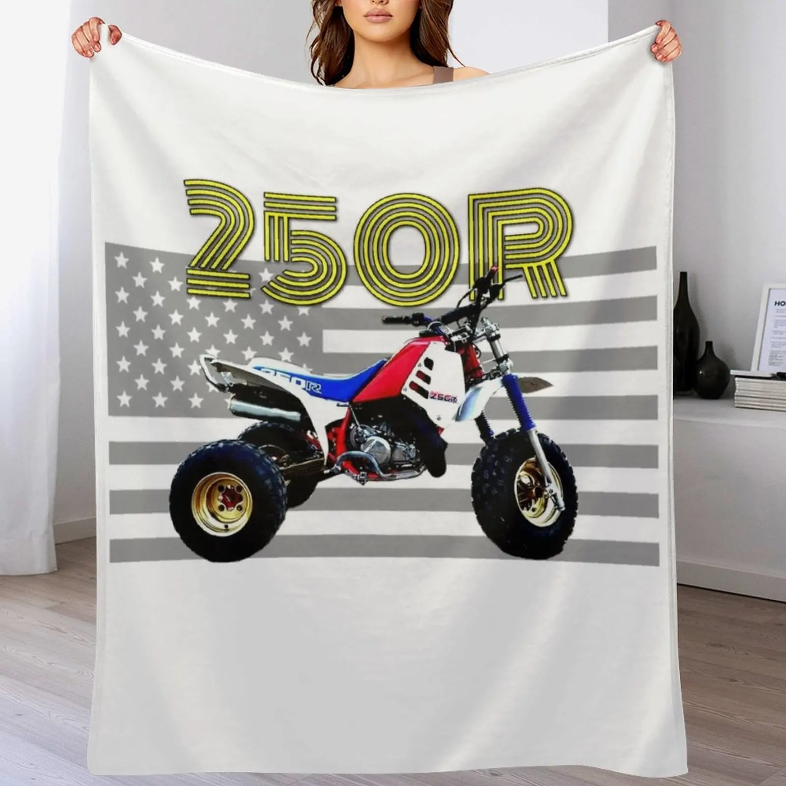 250r ATV ATC Vintage Retro Three Wheeler American Flag Throw Blanket Flannels Personalized Gift Blankets