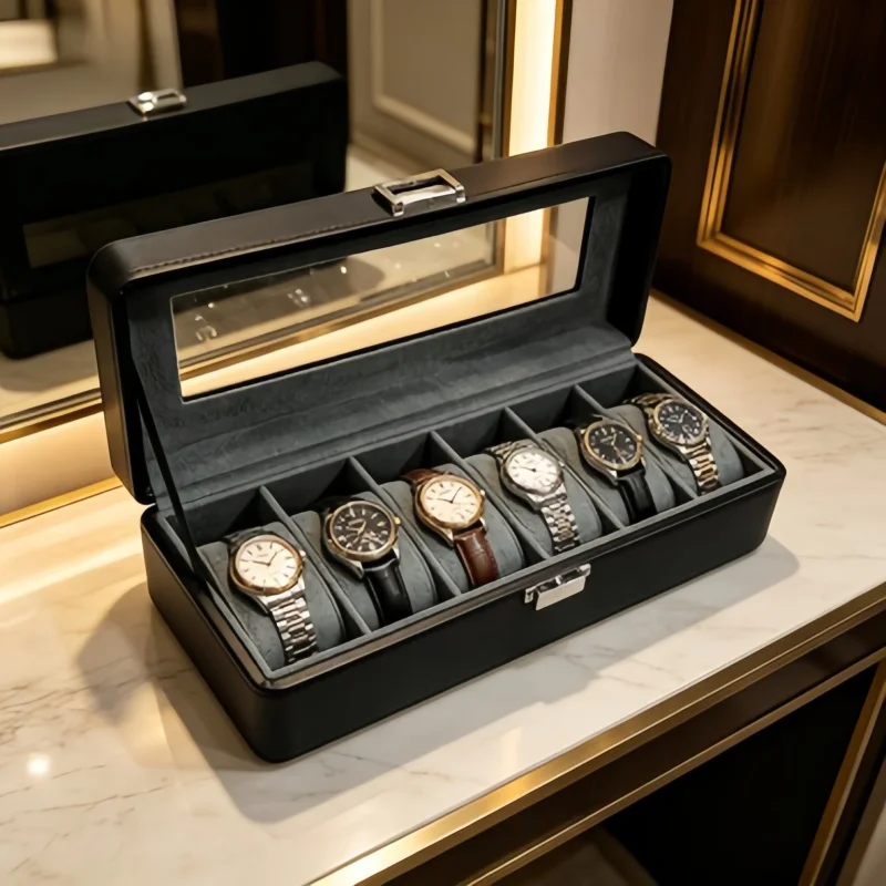 Dustproof 6 Slot Watch Box with Clear Window, Lockable Leather Watch Organizer + Bracelet Storage Box 3Pcs Set for Home Use
