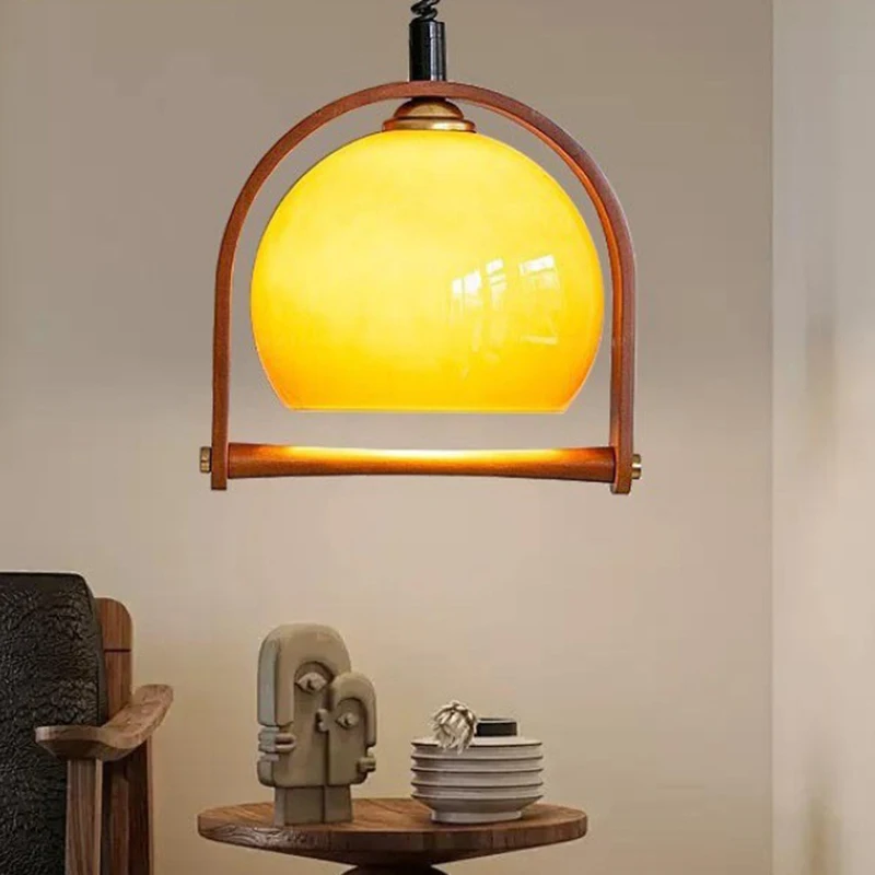 

Retro Glass Retractable Pendant Light Amber Restaurant Living Room Study Solid Wood Wabi-sabi Style Decorative Lighting Fixtures