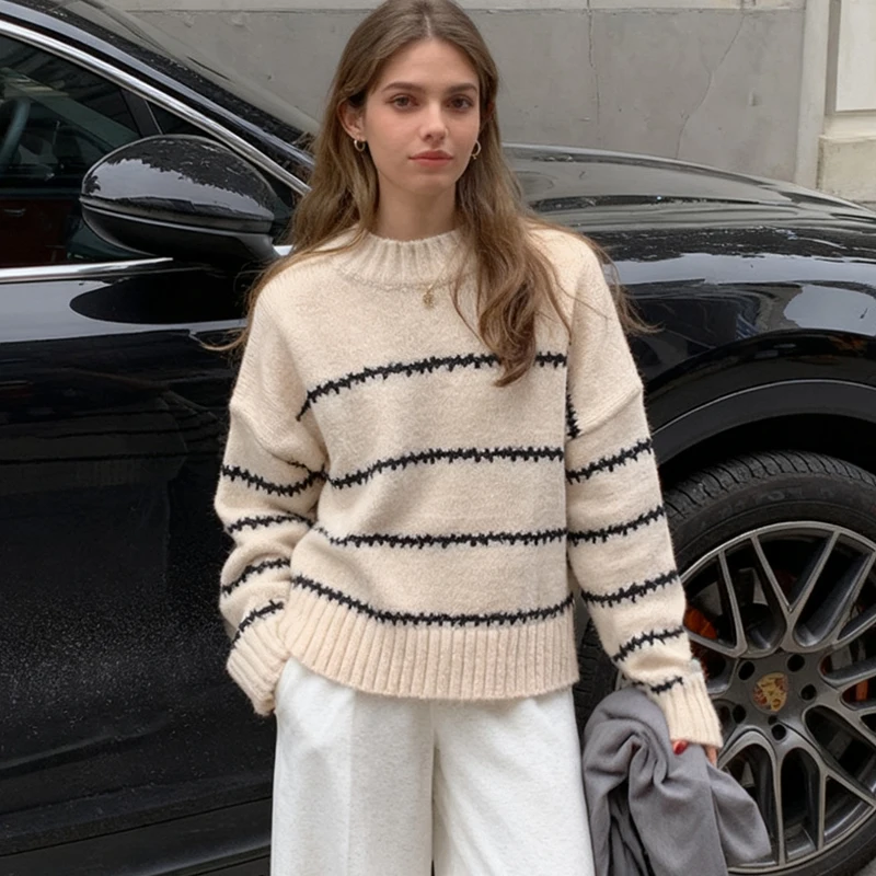 

Осень-зима, свободный полосатый свитер с длинными рукавами и круглым вырезом, корейский стиль, женские повседневные вязаные топы, элегантная трикотажная одежда в стиле ретро 15,