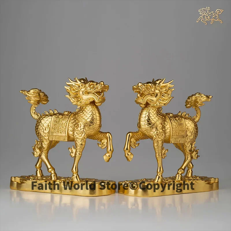 A PAIR high grade HOME GOOD LUCK Mascot Bring wealth money 24K gold-plated ROYAL Dragon QI LIN Auspicious brass Sculpture Statue