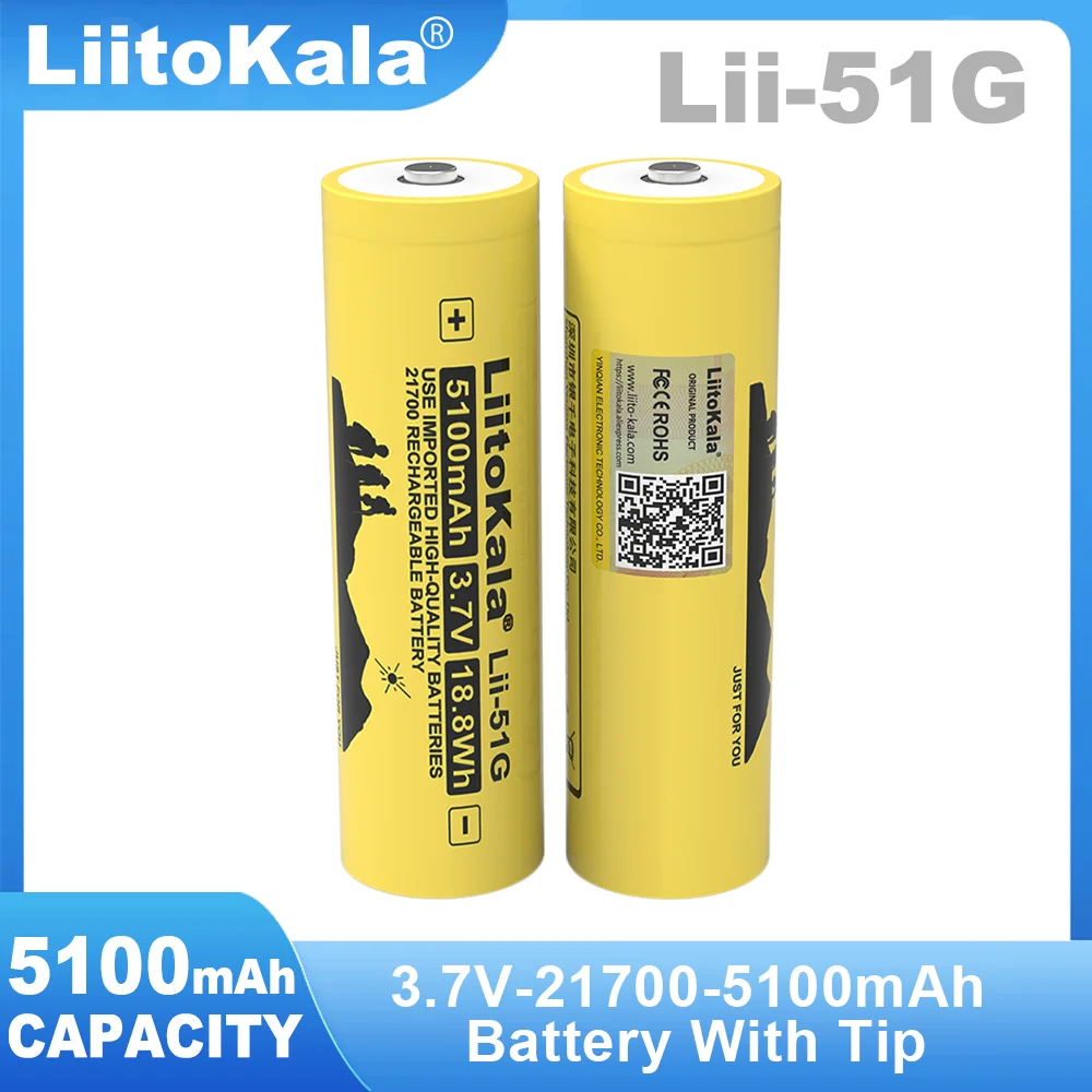 1-10 sztuk Liitokala Lii-51G 3.7V 5100mAh 21700 bateria litowa o dużej pojemności do latarki + końcówka (bez płytki drukowanej)