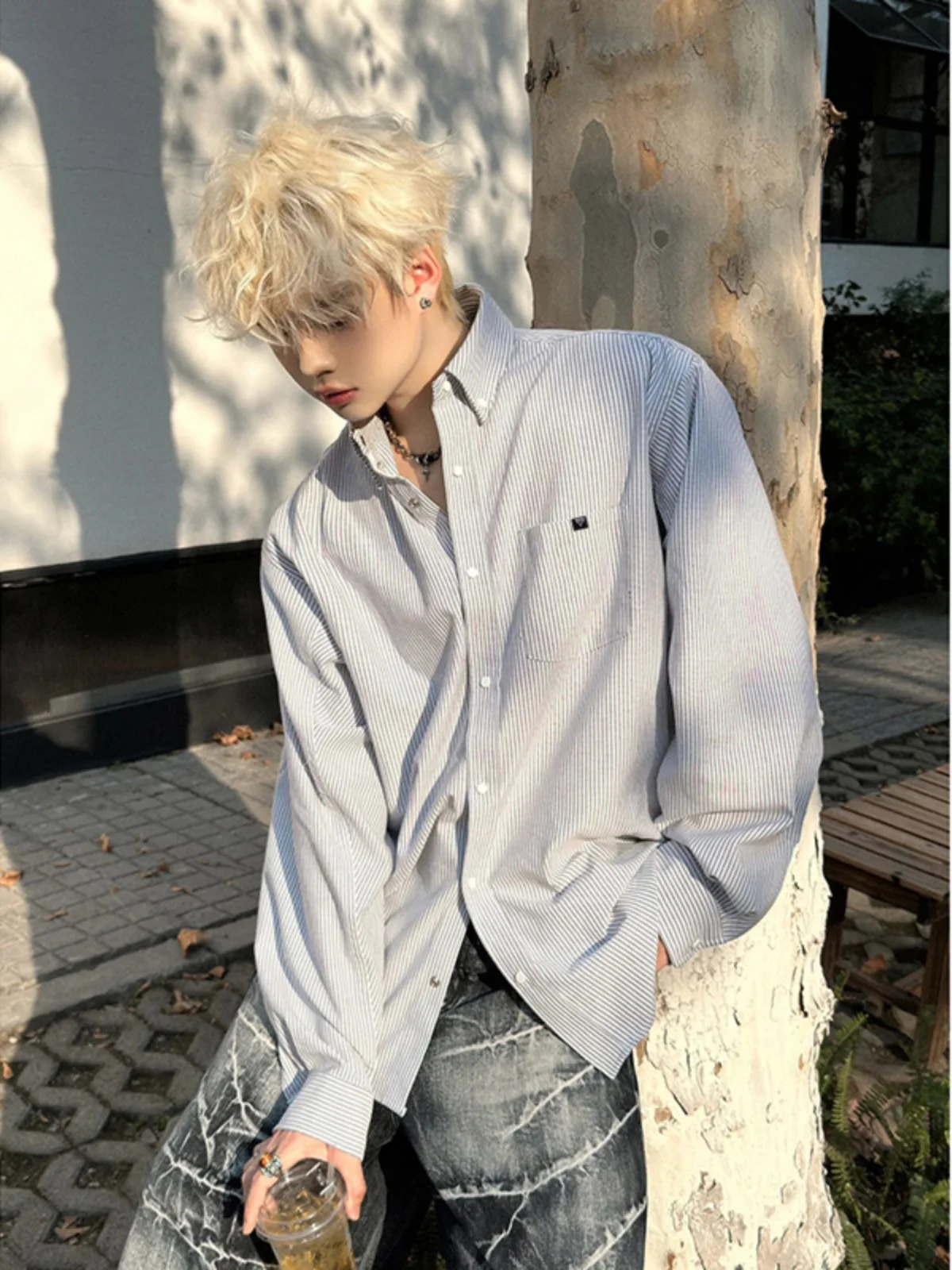 Gray Striped Long Sleeve Shirt Men's Summer Japanese Style Teen Casual Jacket American Streetwear Top Trendy Cotton Classic Fit