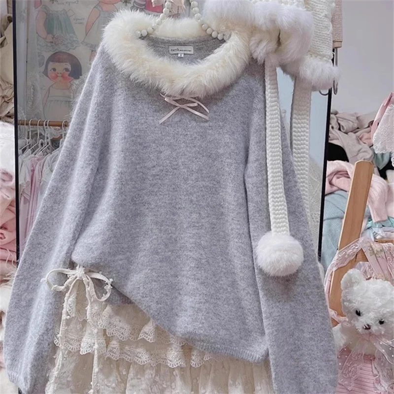 Soft Cozy V-Ne Sweater ex Loose Fit Autumn Winter Knittedwear Pastel Pink Fur Collar Casual Long Sve Turtlene Top