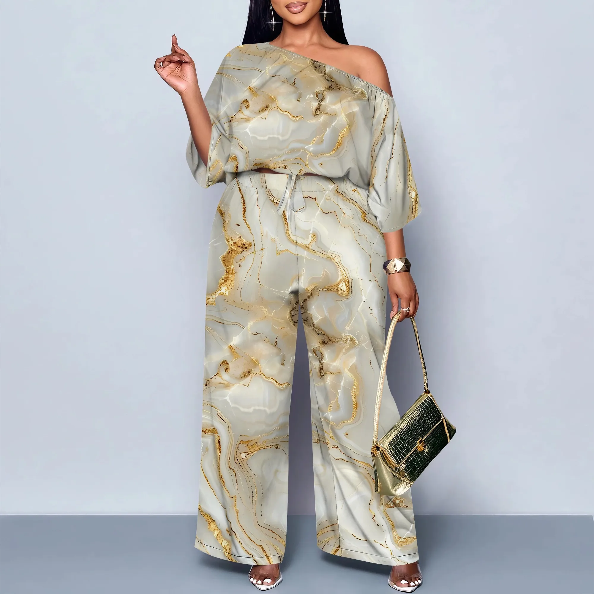 

EQQZD Modern Trendy Two-Piece Set for Women, Elegant & Exquisite Marble-Patterned Print Slanted Shoulder Top & Palazzo Pants Set