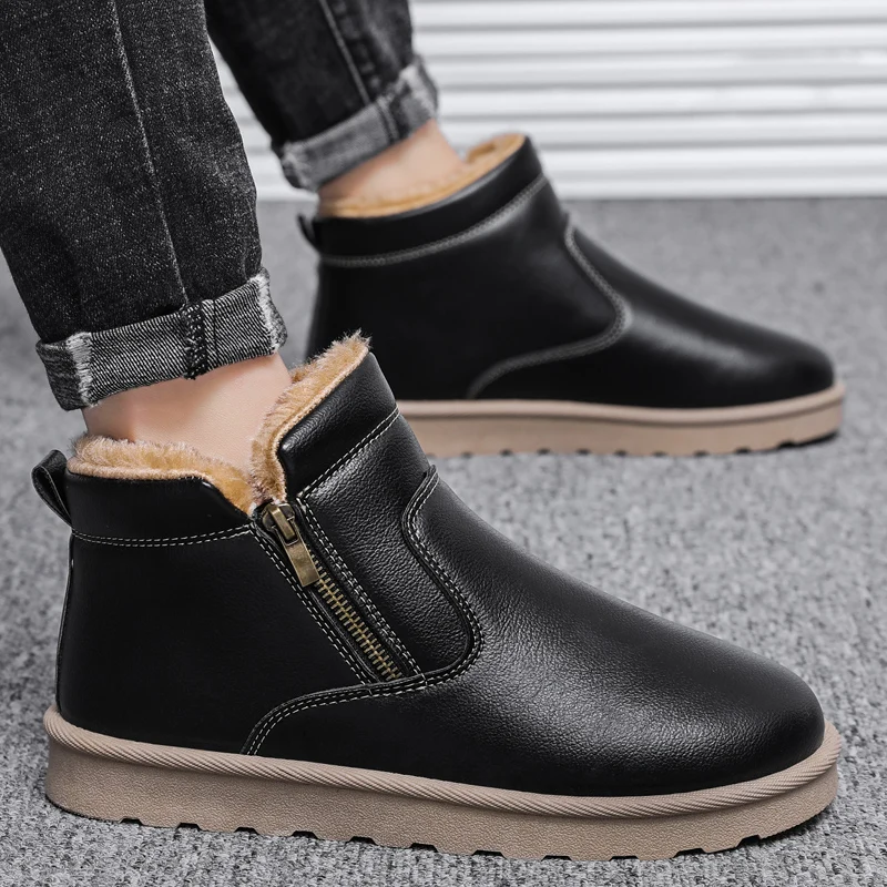 Botas de nieve de invierno para hombre, botas cálidas de felpa con plataforma, suaves, antideslizantes, impermeables para exteriores, zapatos de algodón para hombre, botas cortas de piel esponjosa