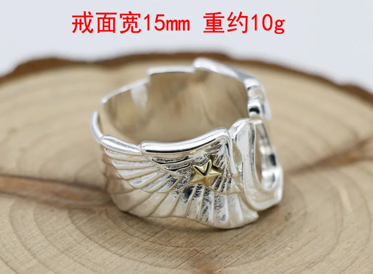 Trendy Punk Sterling Silver 925 Double Venus Angel Wings Open Ring Female Personality Pure Silver Horseshoe Iron Men's Ring