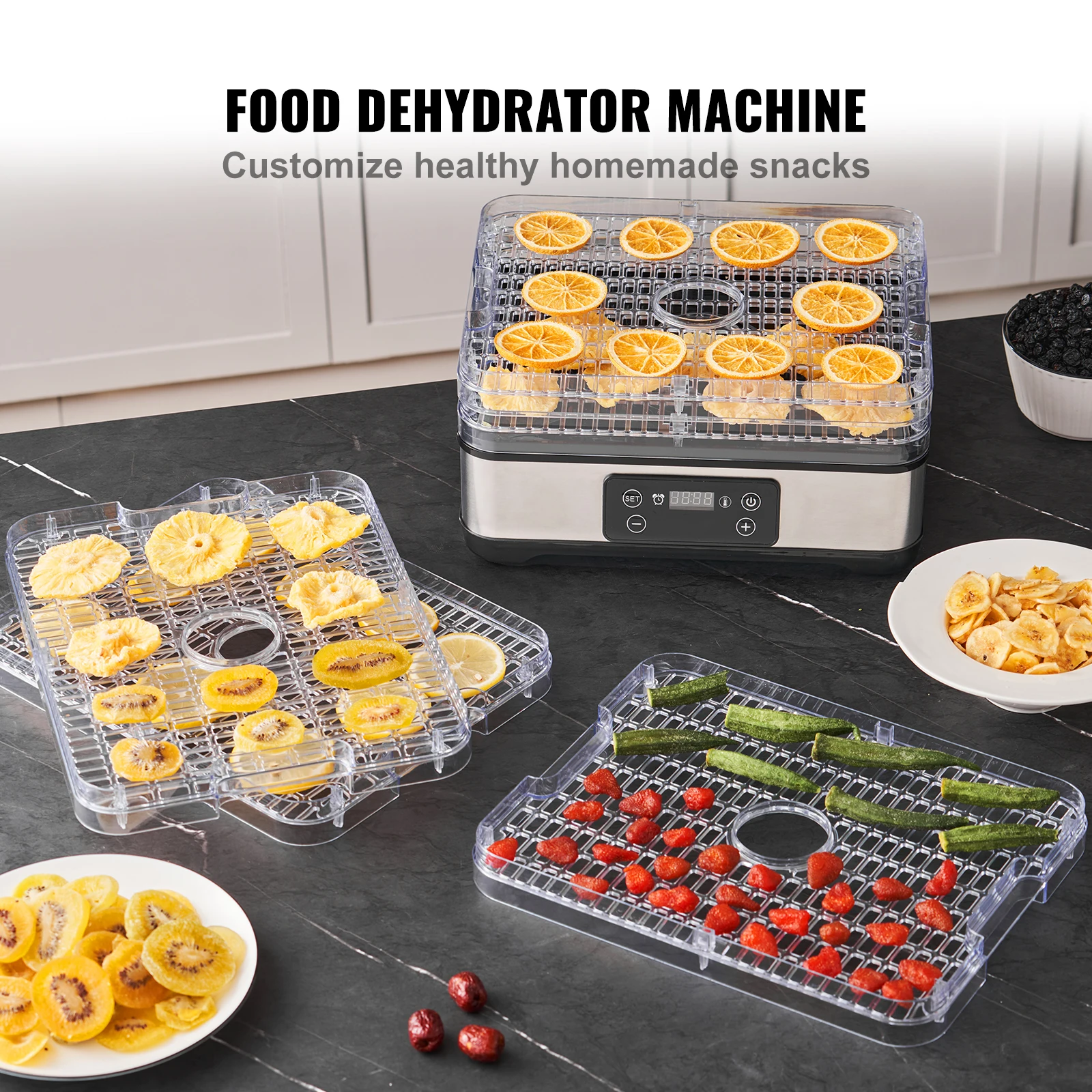 SucceBuy 5 Tray Food Dehydrator Machine 300W Stainless Steel Electric Food Dryer w/ Digital Adjustable Timer & Temperature
