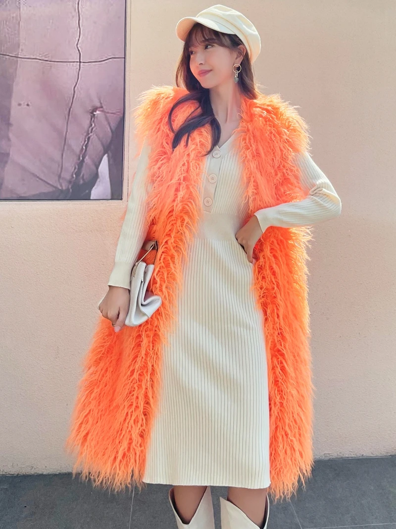 Autumn New Fashion Niche Female Faux Fur Waistcoat Extremely Long Shaggy Vest Women's Clothing Lady Shaggy Outerwears Promotion