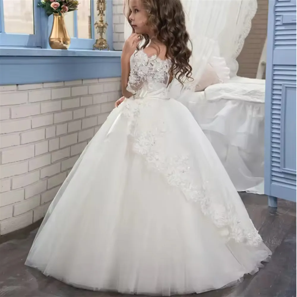 NEW First Communion Dresses Half-sleeved Lace Printed Princess Dress White Angel Flower Girl Bridesmaid Wedding Dream Kids Gift