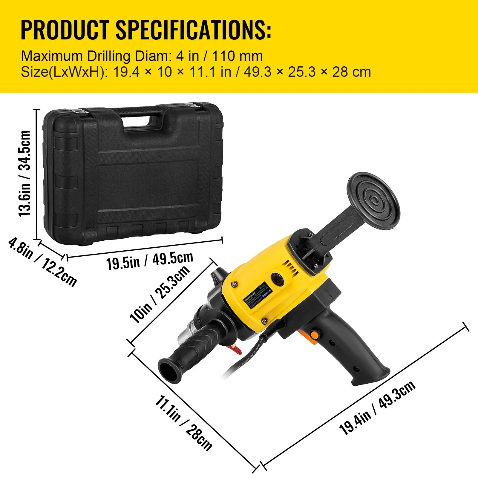 Diamond Core Drill, 1880W 4\'/110 mm, 1700RPM Variable Speed Core Drill Rig with Portable Case Handheld Drilling Machine