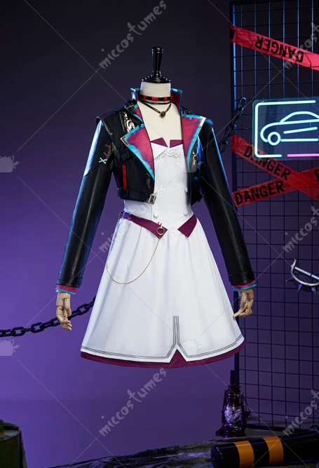 

Miccostumes Game Universe Jinxx Cosplay Costume White Dress with Jacket Necklace Halloween Cosplay Costume