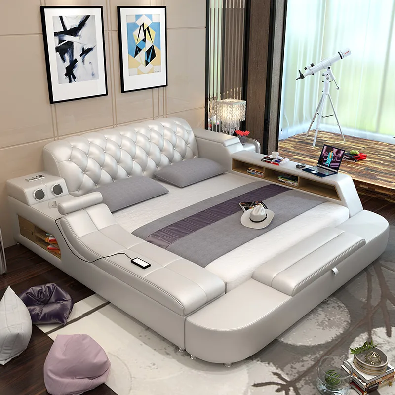 

Modern Headrest Double Bed White Italian Storage Massage Home Bed Smart Luxury Floor Cama Inteligente Multifuncional Furniture