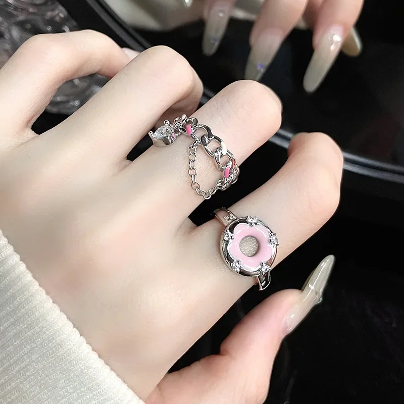 

925 Sterling Silver Zircon Heart Pendant Ring Pink Flower Dropwise Glaze for Women Girl Tassel Hollowed Out Jewelry Dropshipping