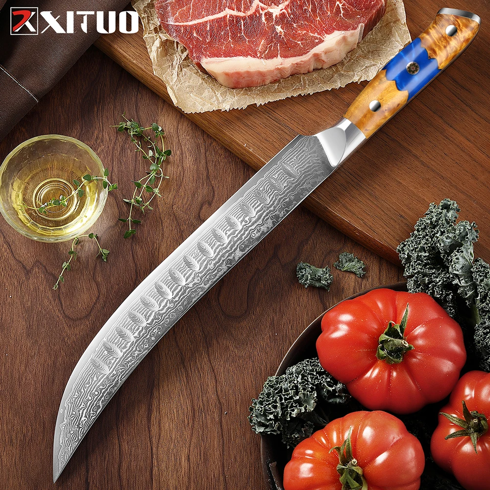 Damascus Steel Breaking Knife Butcher Knife Japanese VG10 Super Steel Full Tang & Razor Sharp Kitchen Knife for Meat hams