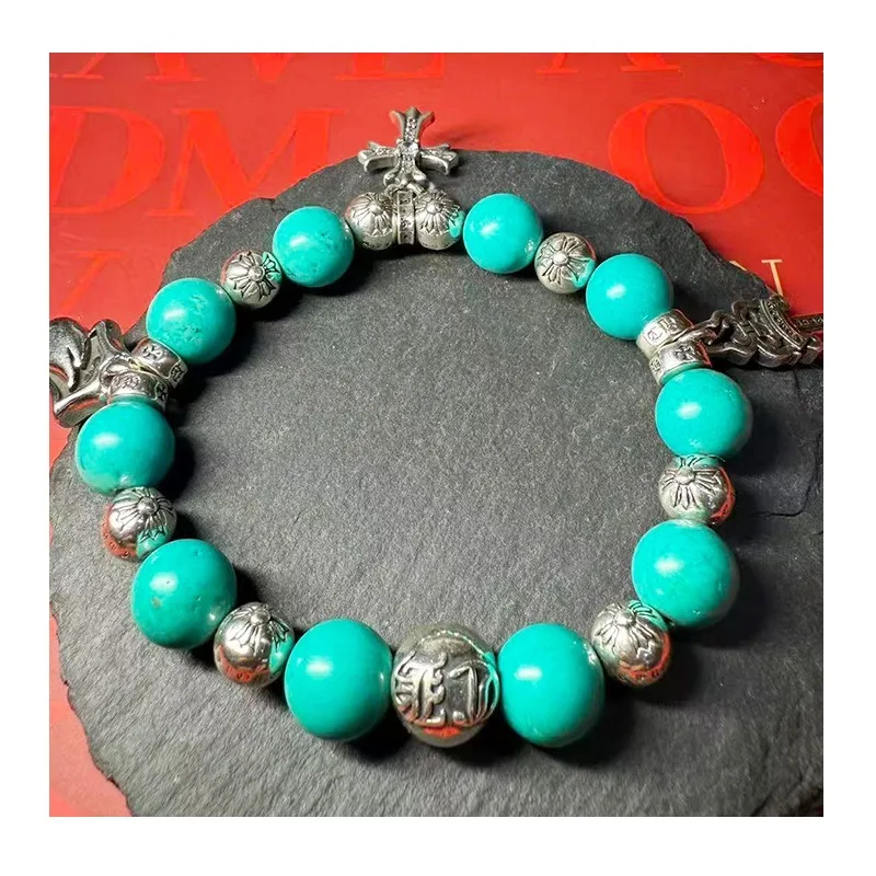 

Natural Turquoise Bracelet Big Sword Diamond Cross Big Tongue Literary Retro Beaded Bracelet