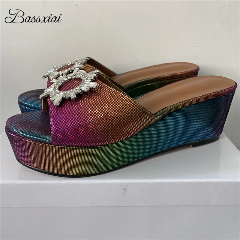 Colorful High Platform Wedges Mules For Girls Rhinestone Sunflower Buckle Decor Slingbacks Women Sandals Summer