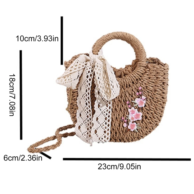 Bolsa palha casual artesanal meia redonda rattan tecida bolsa ombro bolsa crossbody para praia viagens