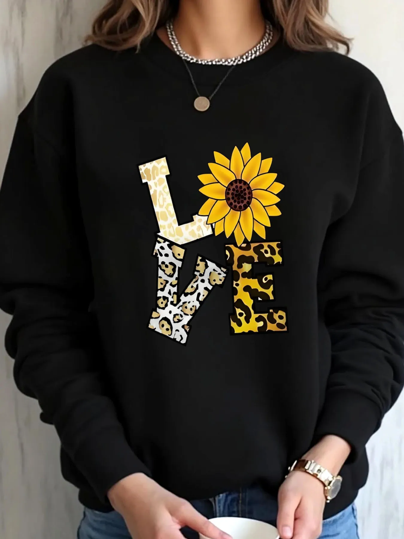 

Женская толстовка большого размера Fall Love с подсолнухом и леопардовым принтом, верхняя одежда