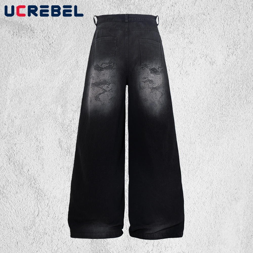 Snake Print Jeans Mens Pocket Retro High Street Washed Distressed Baggy Straight-leg Wide Leg Denim Pants Man
