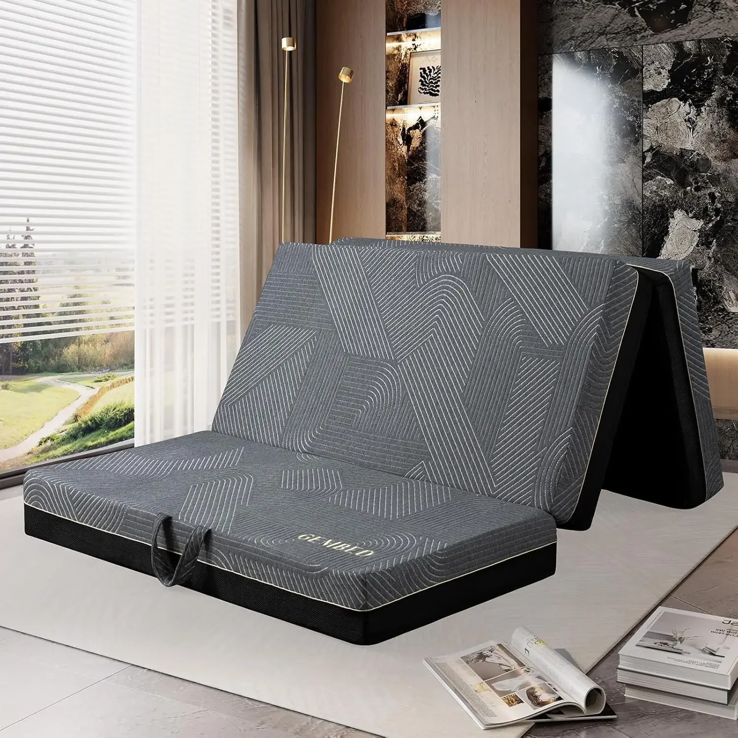 Tri Folding Mattress Queen Size - Memory Foam Tri-fold Handle & Non-Slip Bottom, Portable Foldable Sofa Bed Floor Chair