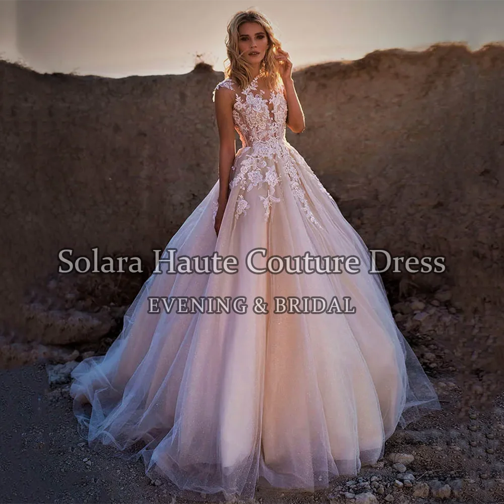 Luxury Boho Wedding Dresses Illusion Long Sleeve Sparkle Lace Tulle Appliques Bridal Gown Princess Bride Dresses Customized