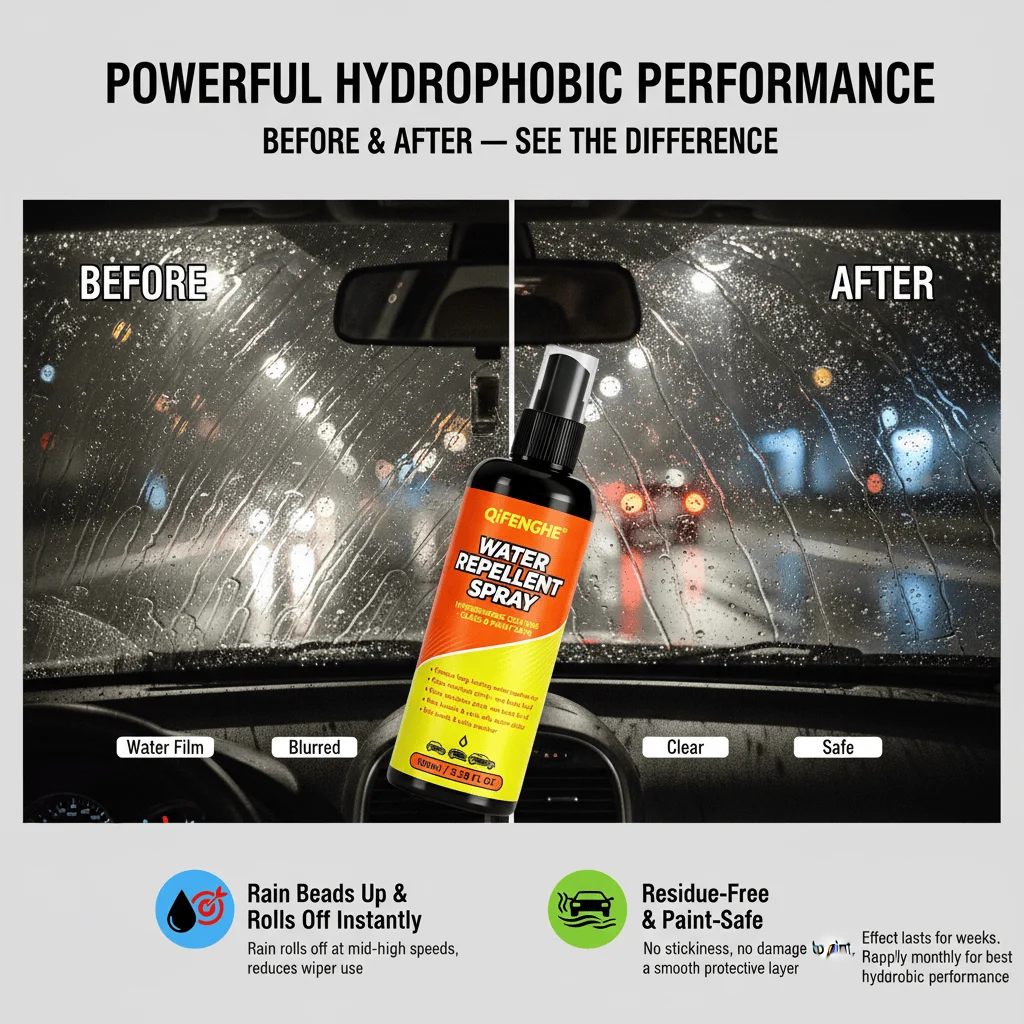 Car Windshield Glass Water Repellent & Anti-Fog Coating, Hydrophobic Film for Clear Vision, Rain Beads Off, Safe Driving